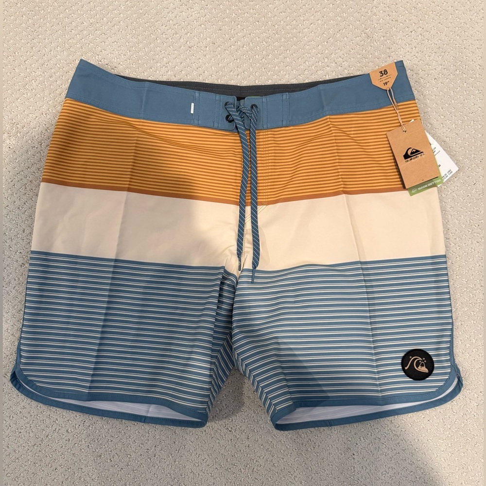 Quiksilver Men's Blue and Yellow Striped Board Shorts